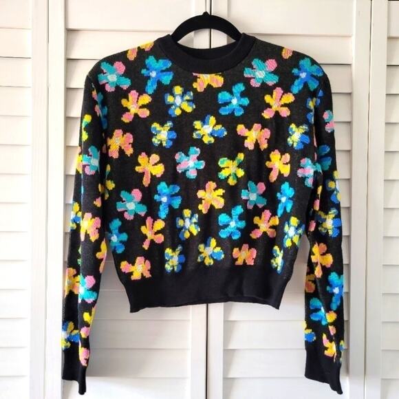 𝅺A-LAB Retro‎ Floral Black Crewneck Sweater Size S Kidcore Maximalist Playful - Picture 1 of 9